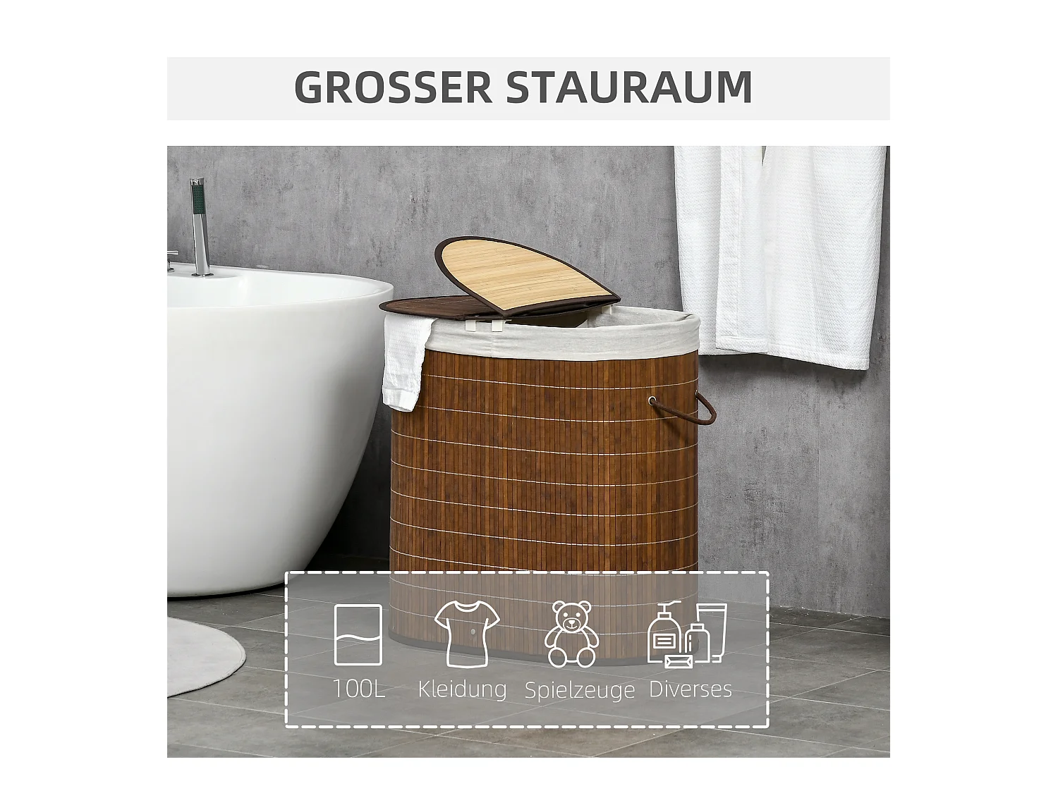 Panier à linge 100L avec couvercle et poignées, tri de linge avec 2 sacs, bambou, brun (62.5x37x60.5 cm)