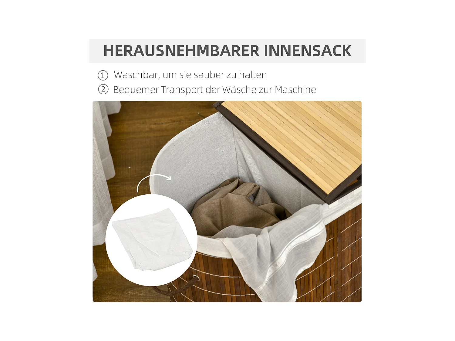 Panier à linge 100L avec couvercle et poignées, tri de linge avec 2 sacs, bambou, brun (62.5x37x60.5 cm)