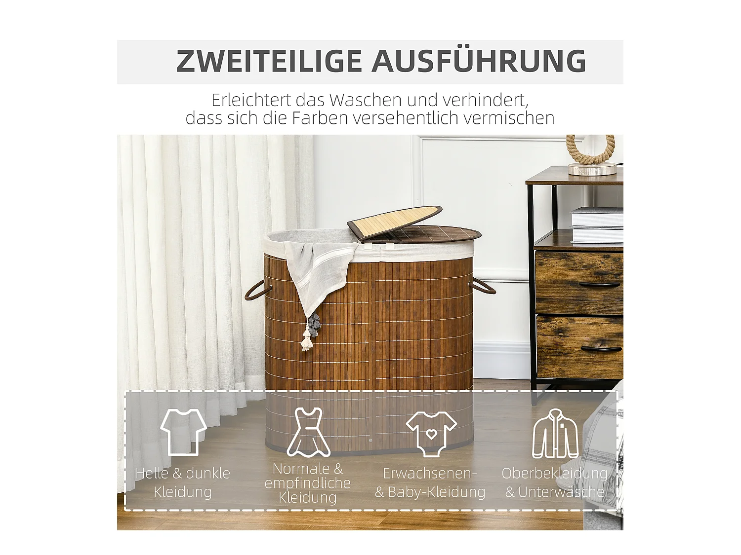 Panier à linge 100L avec couvercle et poignées, tri de linge avec 2 sacs, bambou, brun (62.5x37x60.5 cm)