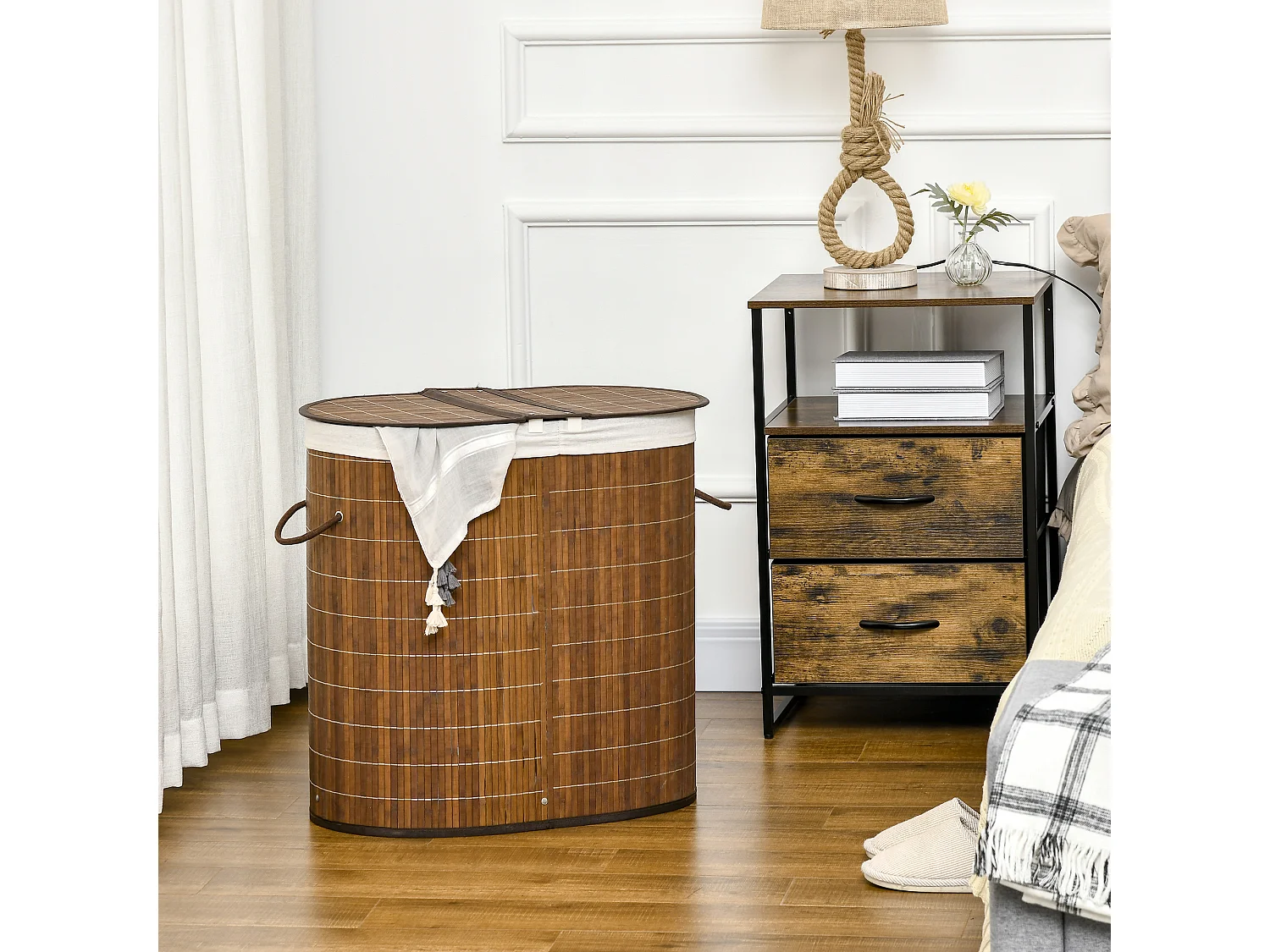 100L Wäschekorb mit Deckel und Griffen, Wäschesortierer mit 2 Beuteln, Bambus, Braun (62,5x37x60,5 cm)