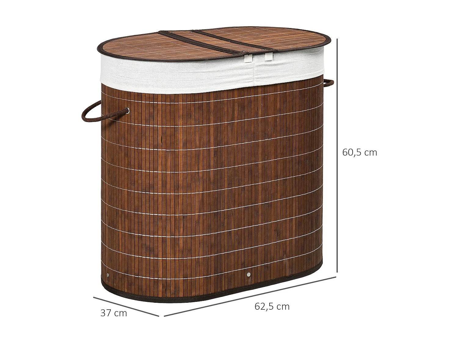 100L Wäschekorb mit Deckel und Griffen, Wäschesortierer mit 2 Beuteln, Bambus, Braun (62,5x37x60,5 cm)