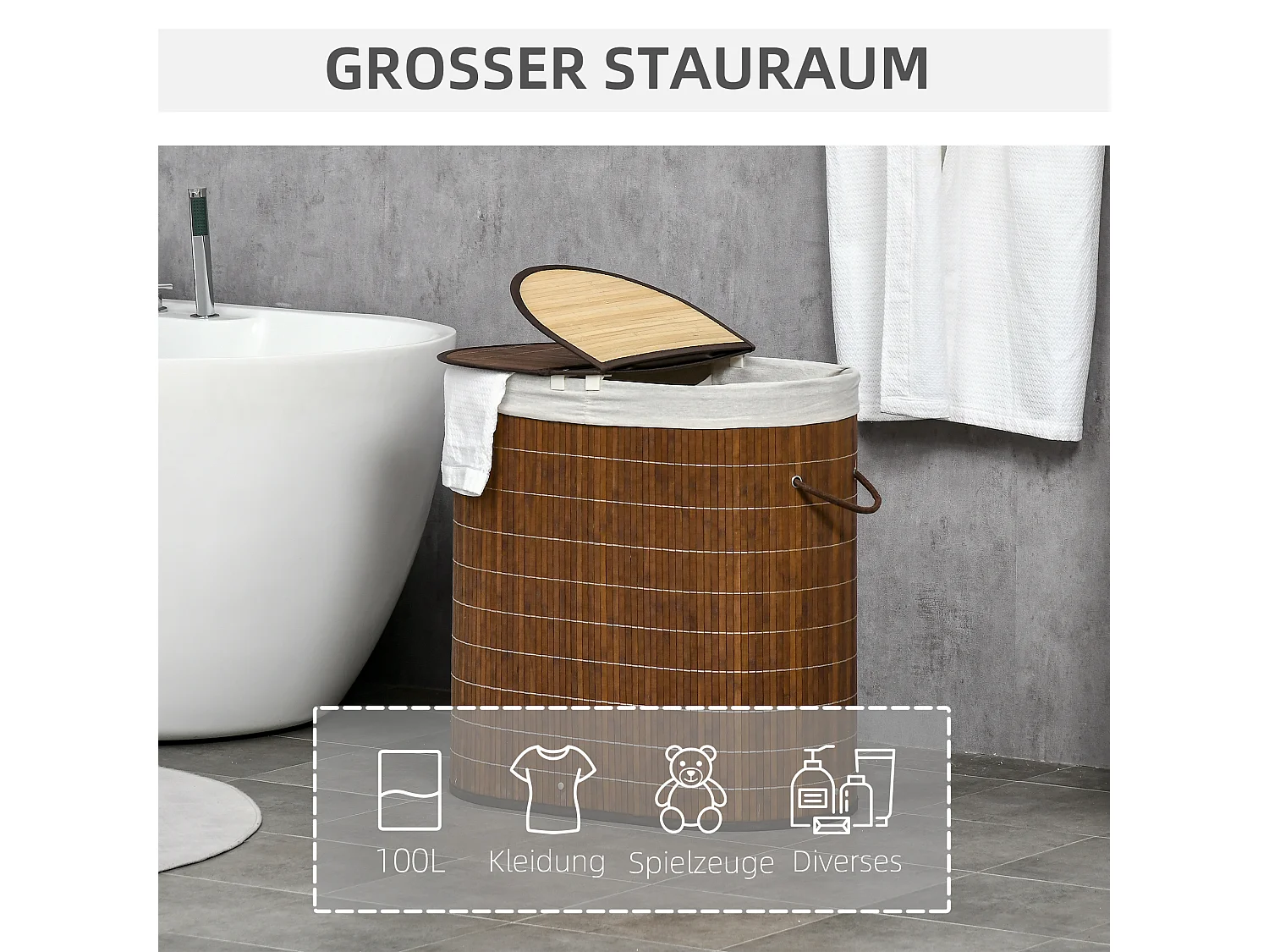 100L Wäschekorb mit Deckel und Griffen, Wäschesortierer mit 2 Beuteln, Bambus, Braun (62,5x37x60,5 cm)