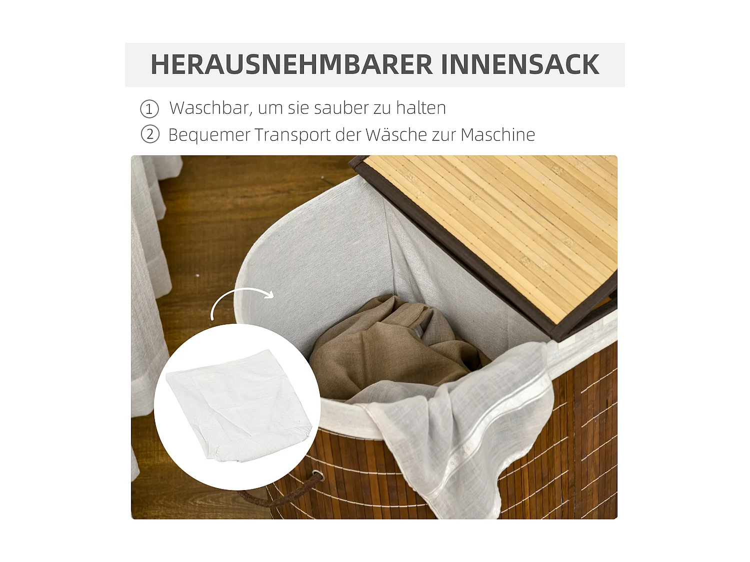 100L Wäschekorb mit Deckel und Griffen, Wäschesortierer mit 2 Beuteln, Bambus, Braun (62,5x37x60,5 cm)