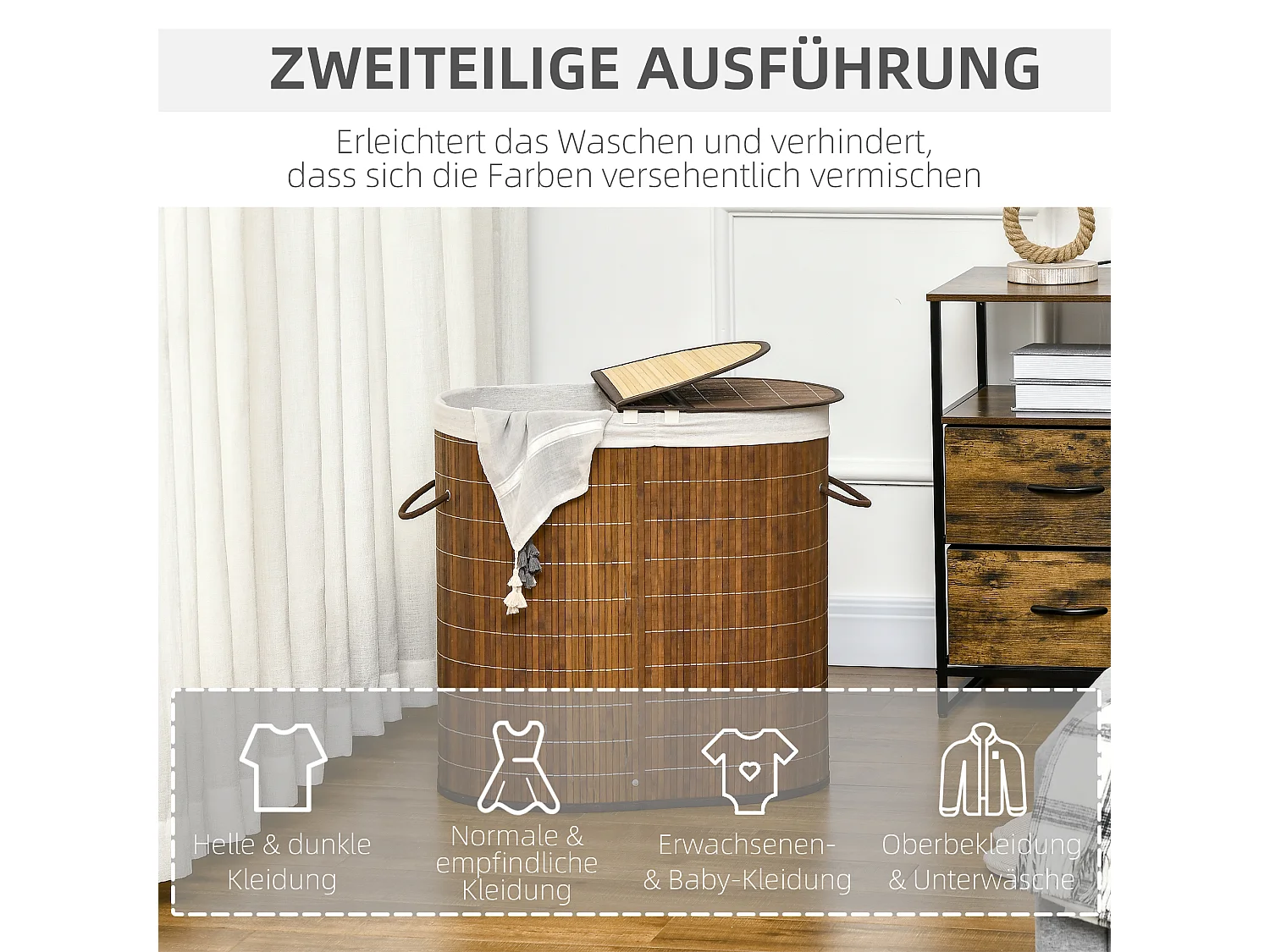 100L Wäschekorb mit Deckel und Griffen, Wäschesortierer mit 2 Beuteln, Bambus, Braun (62,5x37x60,5 cm)