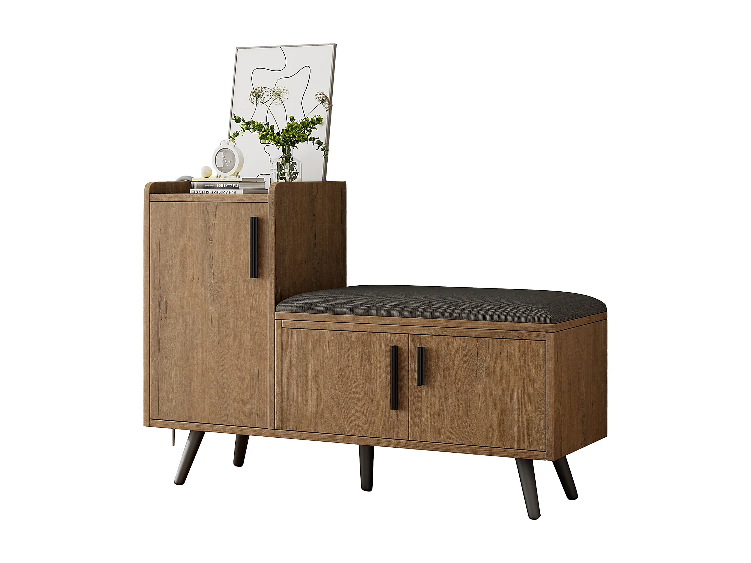 Banco de almacenaje moderno, con 3 puertas, tiradores metálicos asimétricos, estructura de madera natural (100x34x68,5 cm)