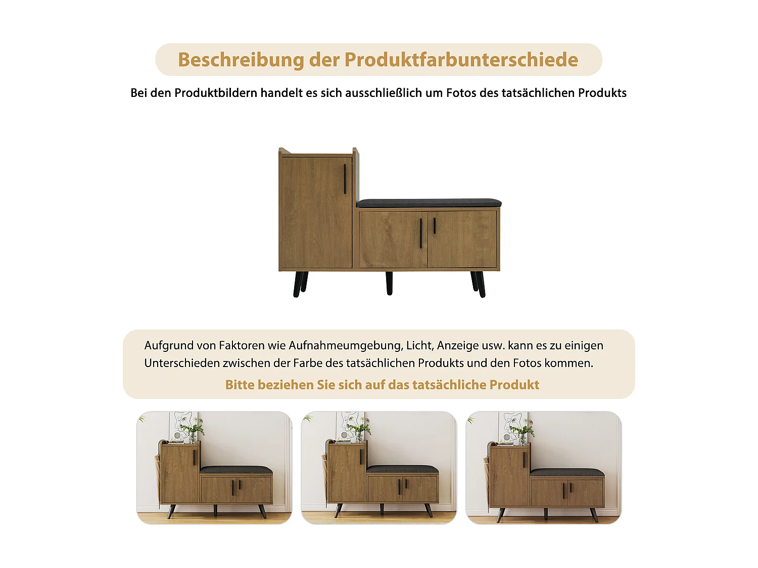 Banco de almacenaje moderno, con 3 puertas, tiradores metálicos asimétricos, estructura de madera natural (100x34x68,5 cm)