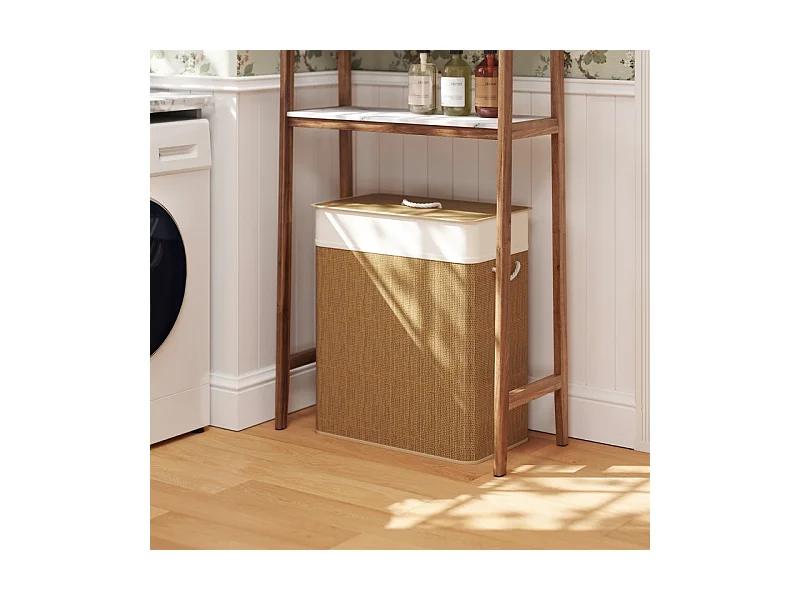 Panier à linge en bambou avec couvercle, sac amovible lavable, poignées corde, marron (52x32x63cm)