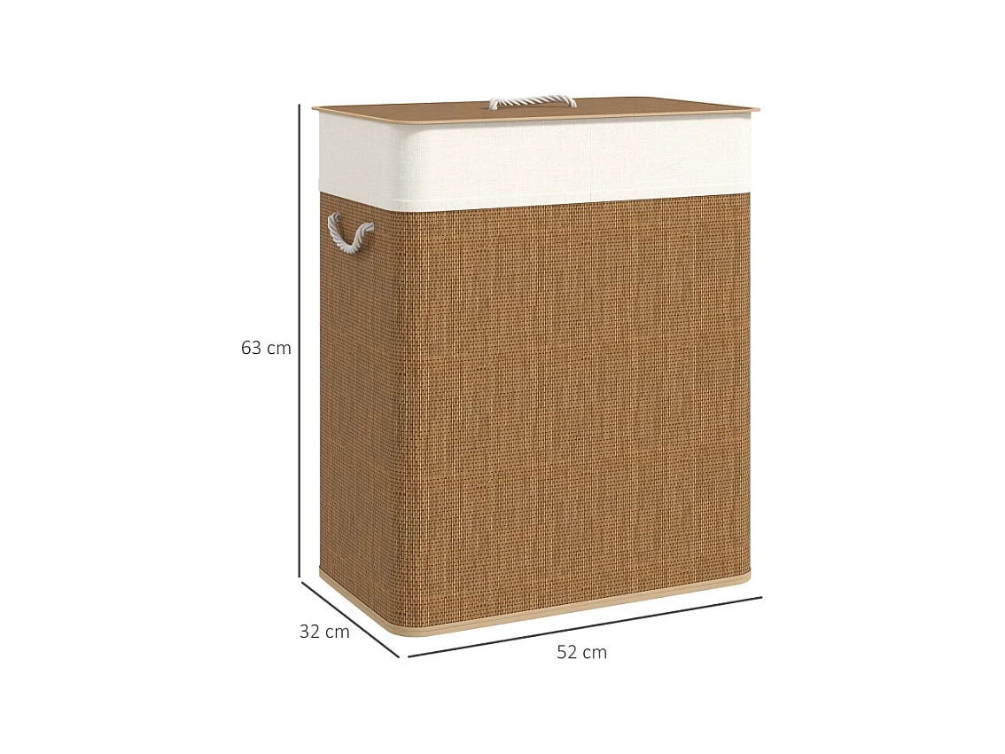 Panier à linge en bambou avec couvercle, sac amovible lavable, poignées corde, marron (52x32x63cm)