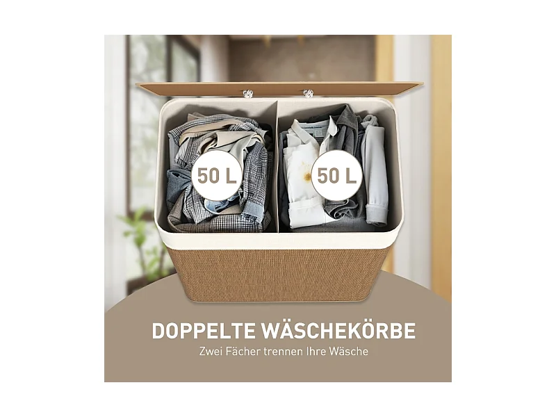 Panier à linge en bambou avec couvercle, sac amovible lavable, poignées corde, marron (52x32x63cm)