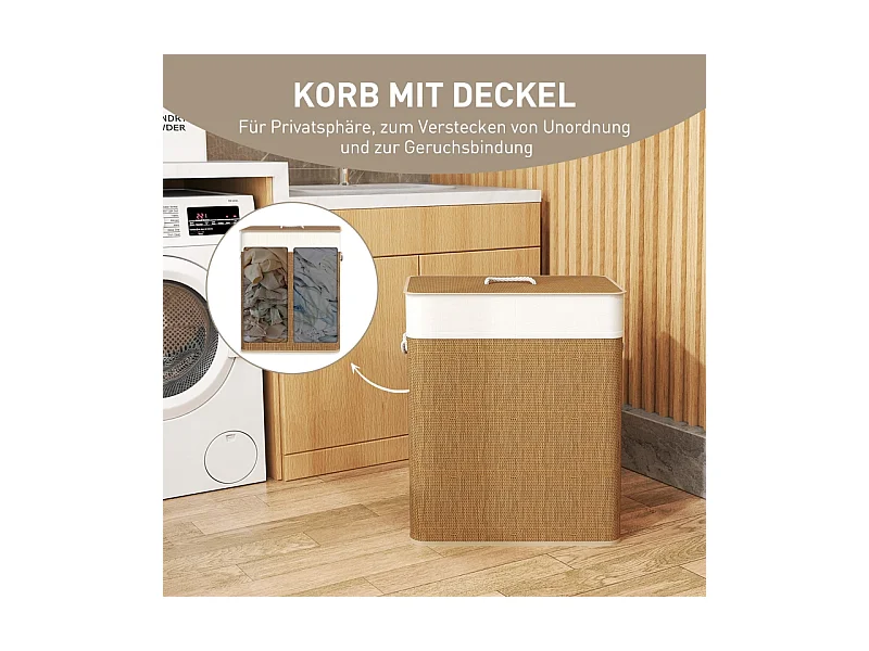 Panier à linge en bambou avec couvercle, sac amovible lavable, poignées corde, marron (52x32x63cm)