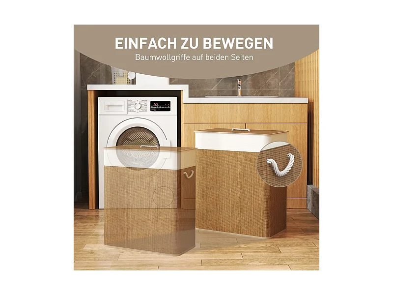 Panier à linge en bambou avec couvercle, sac amovible lavable, poignées corde, marron (52x32x63cm)