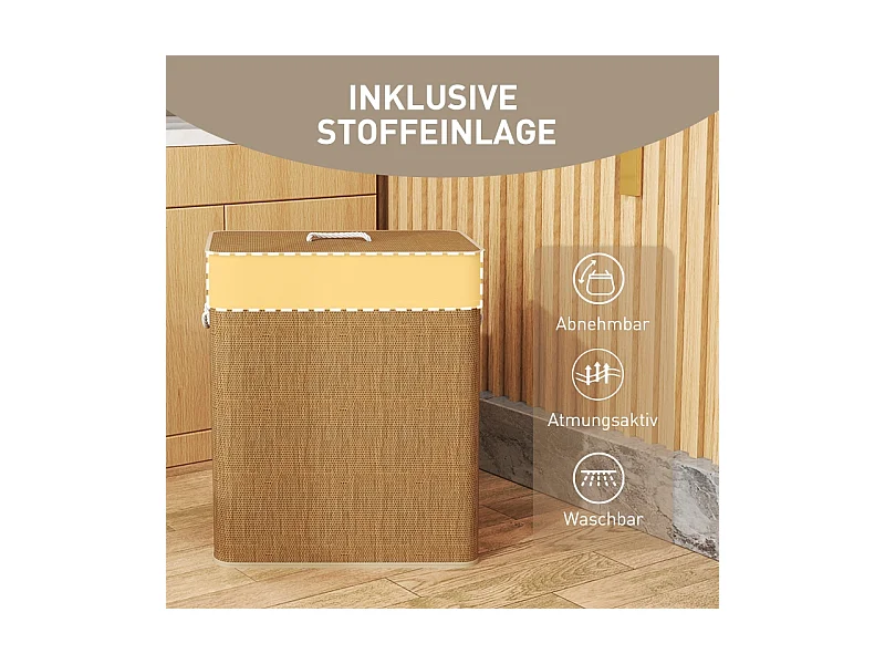 Panier à linge en bambou avec couvercle, sac amovible lavable, poignées corde, marron (52x32x63cm)