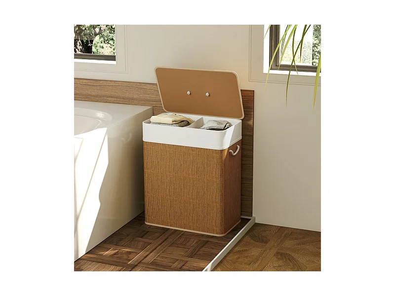 Panier à linge en bambou avec couvercle, sac amovible lavable, poignées corde, marron (52x32x63cm)