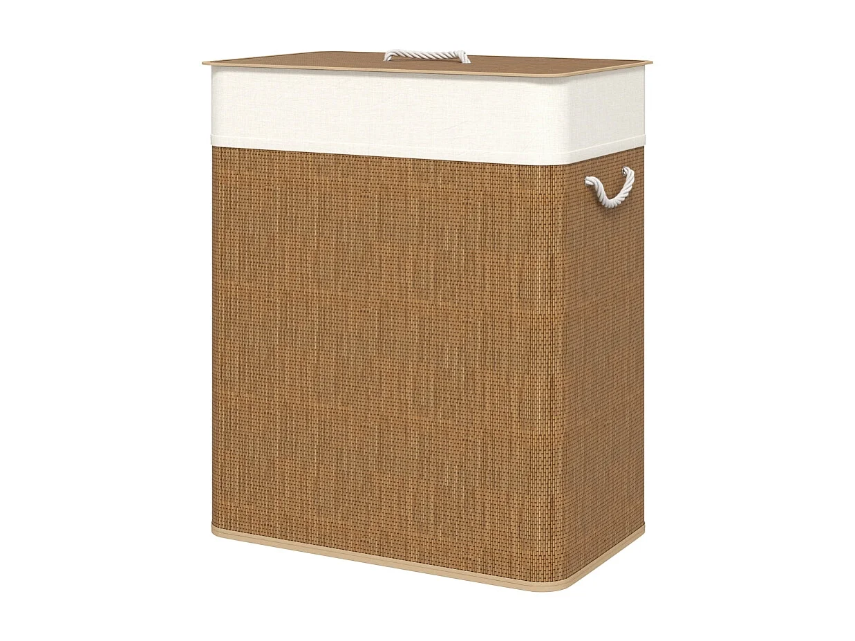 Panier à linge en bambou avec couvercle, sac amovible lavable, poignées corde, marron (52x32x63cm)