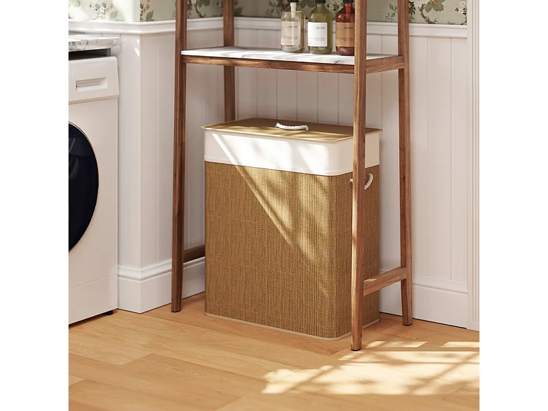 Panier à linge en bambou avec couvercle, sac amovible lavable, poignées corde, marron (52x32x63cm)