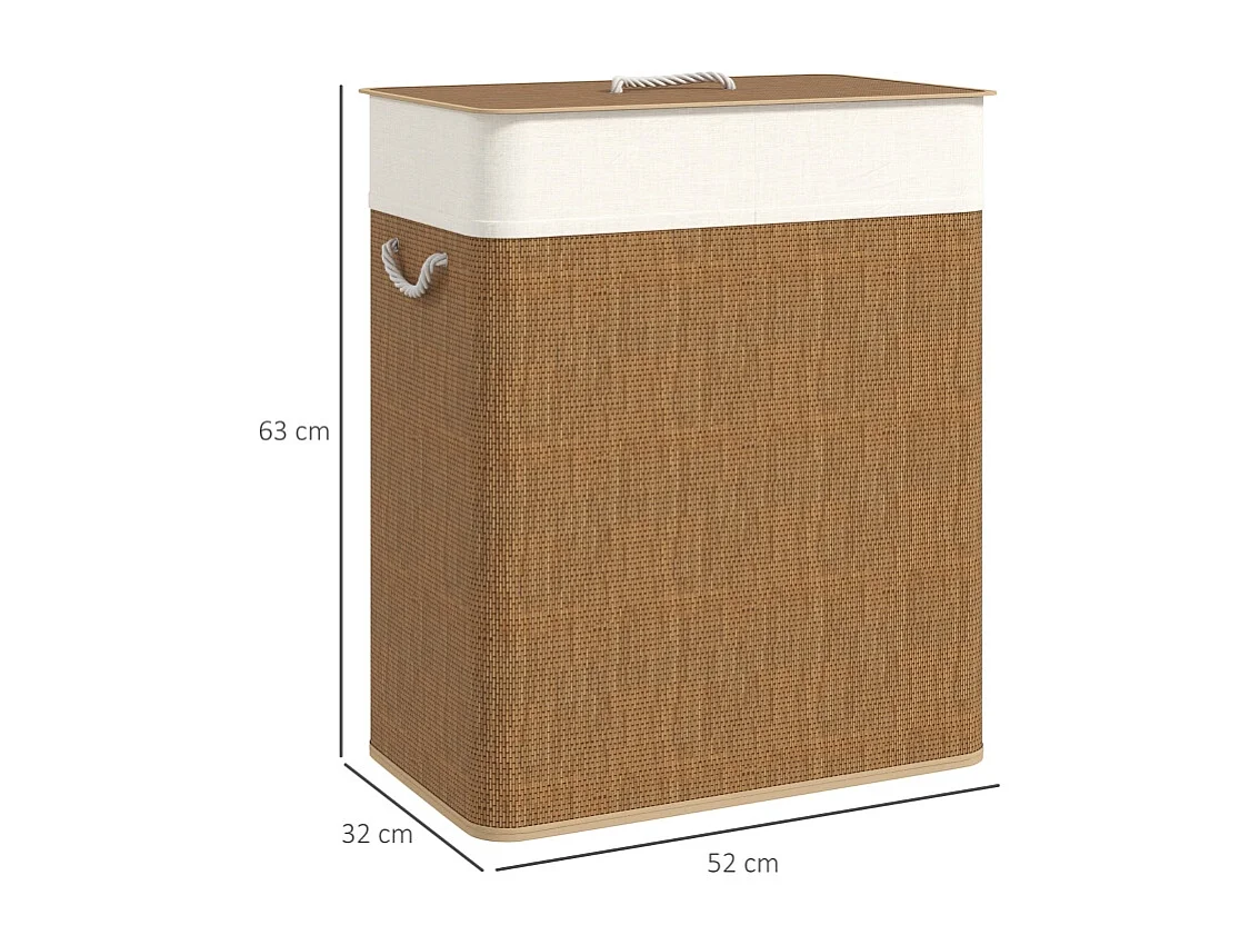 Panier à linge en bambou avec couvercle, sac amovible lavable, poignées corde, marron (52x32x63cm)