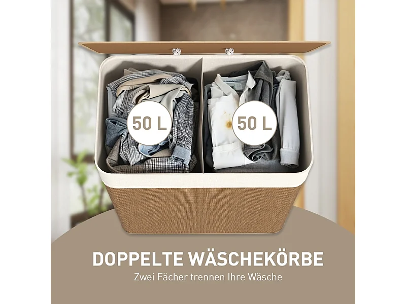 Panier à linge en bambou avec couvercle, sac amovible lavable, poignées corde, marron (52x32x63cm)