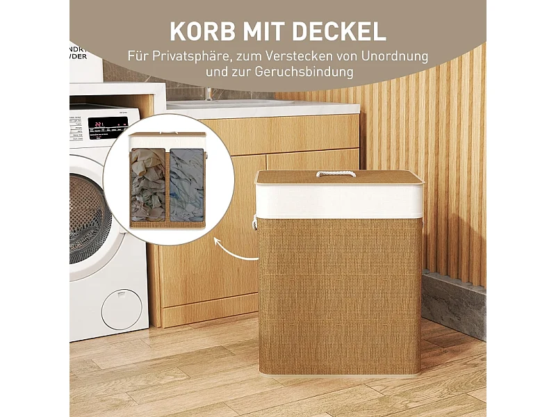 Panier à linge en bambou avec couvercle, sac amovible lavable, poignées corde, marron (52x32x63cm)