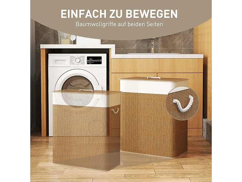 Panier à linge en bambou avec couvercle, sac amovible lavable, poignées corde, marron (52x32x63cm)