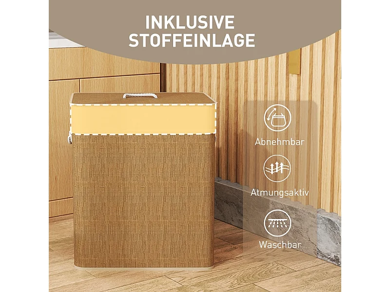 Panier à linge en bambou avec couvercle, sac amovible lavable, poignées corde, marron (52x32x63cm)