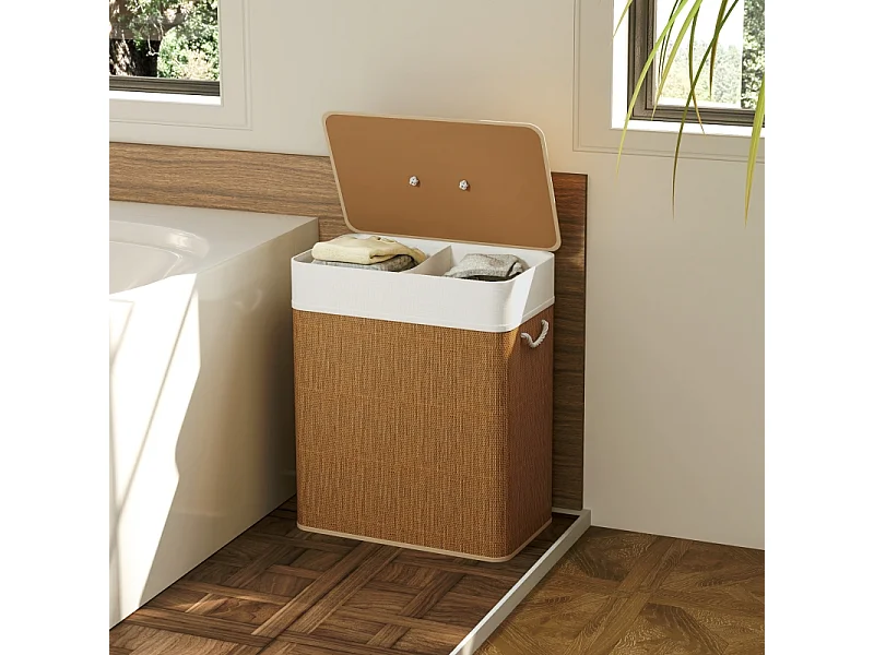 Panier à linge en bambou avec couvercle, sac amovible lavable, poignées corde, marron (52x32x63cm)