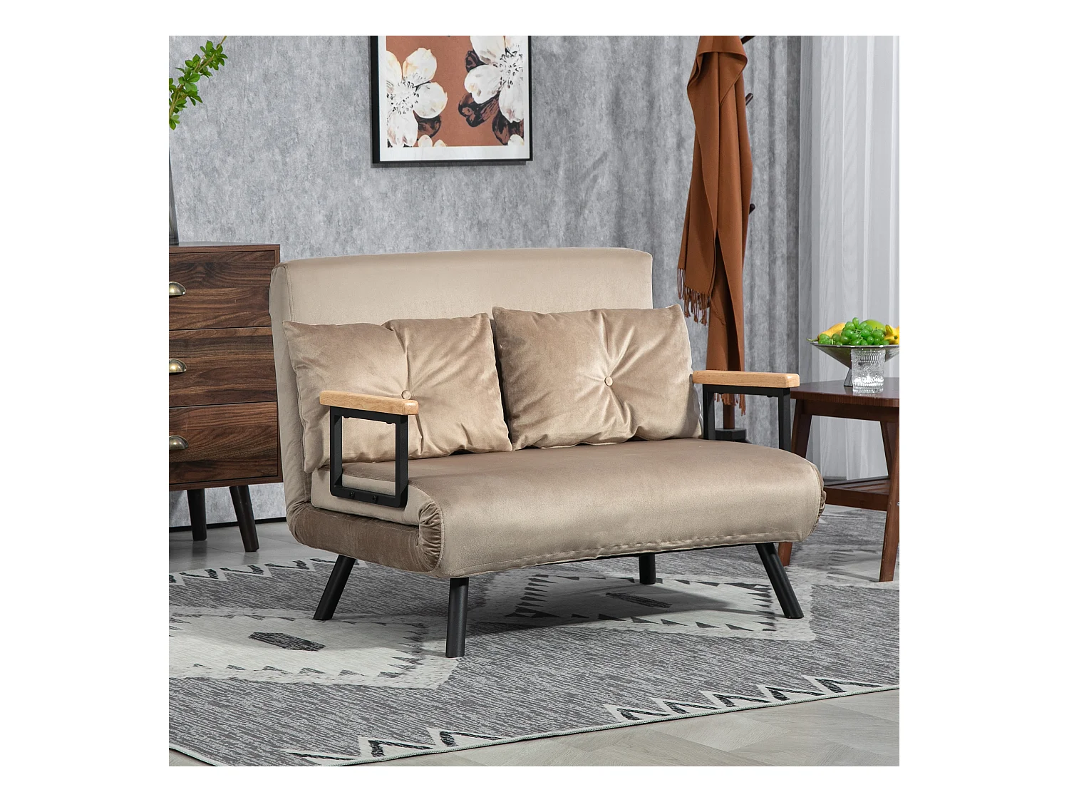 Canapé convertible 2 places, dossier réglable 5 positions, tissu velours, marron (102x73x81 cm)