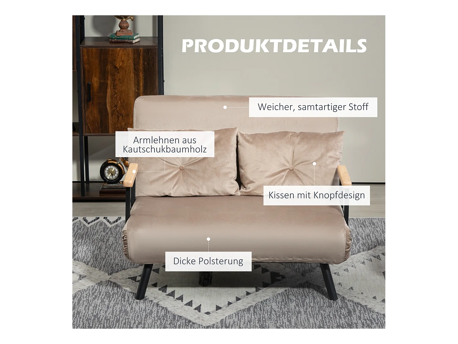 Canapé convertible 2 places, dossier réglable 5 positions, tissu velours, marron (102x73x81 cm)