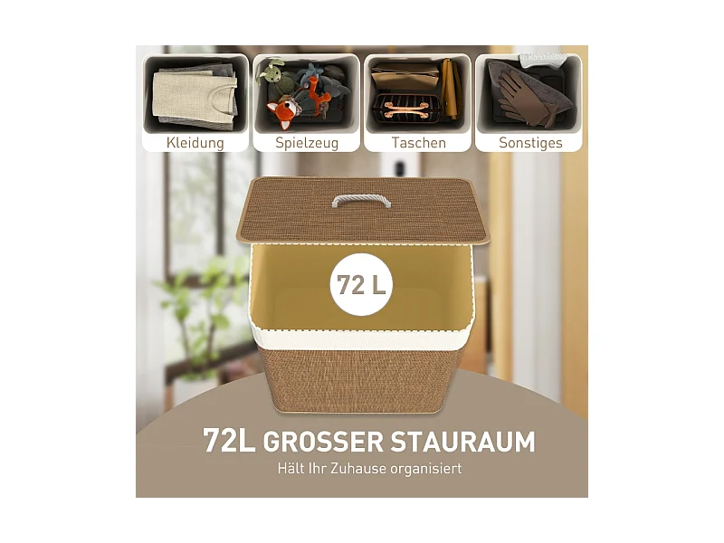 Panier à linge avec couvercle, bambou, avec sac amovible, 72L, beige (40x30x60 cm)