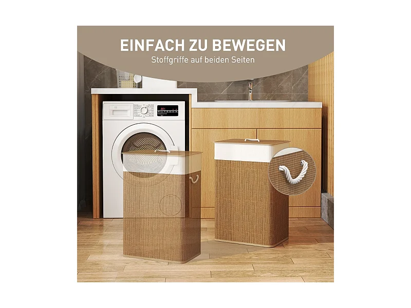 Panier à linge avec couvercle, bambou, avec sac amovible, 72L, beige (40x30x60 cm)