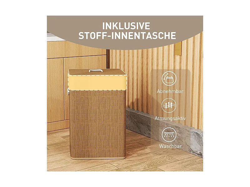 Panier à linge avec couvercle, bambou, avec sac amovible, 72L, beige (40x30x60 cm)