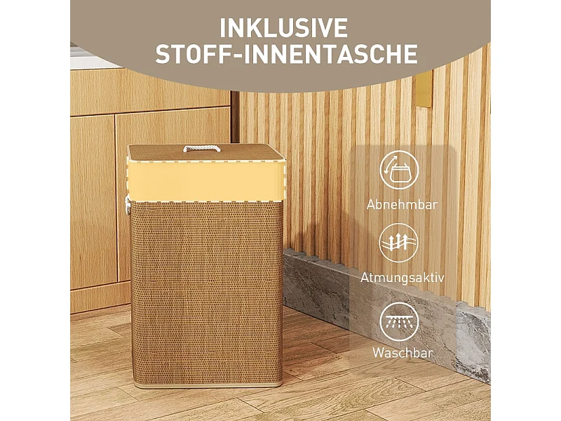 Panier à linge avec couvercle, bambou, avec sac amovible, 72L, beige (40x30x60 cm)