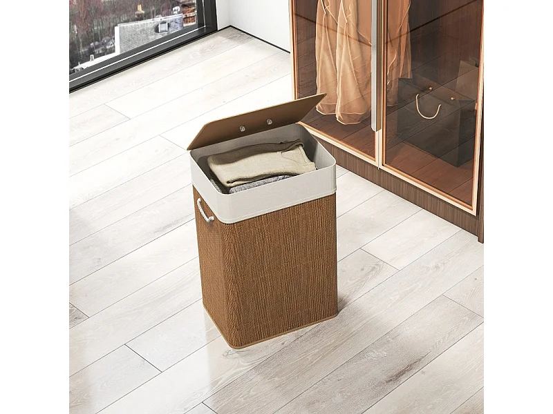 Panier à linge avec couvercle, bambou, avec sac amovible, 72L, beige (40x30x60 cm)