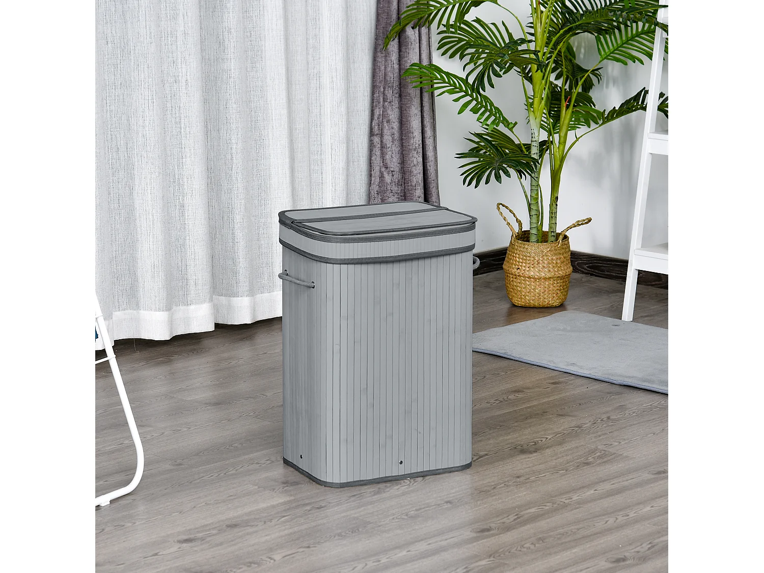 Panier à linge en bambou avec couvercle, 70 L, sac amovible, gris (40x30x60 cm)