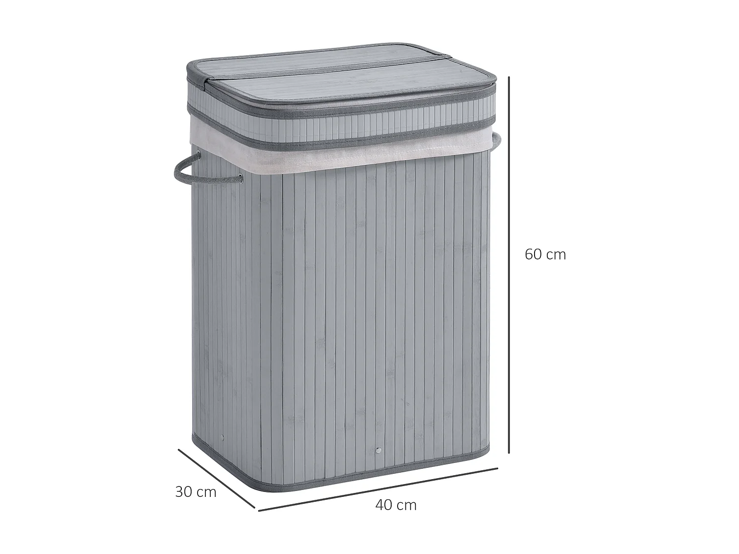 Panier à linge en bambou avec couvercle, 70 L, sac amovible, gris (40x30x60 cm)