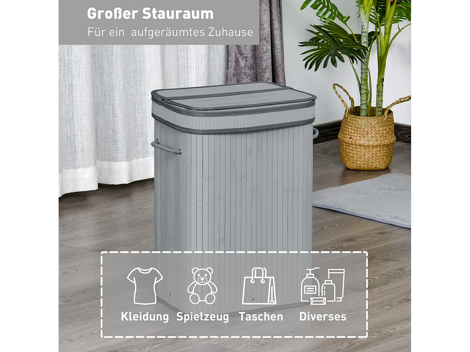 Panier à linge en bambou avec couvercle, 70 L, sac amovible, gris (40x30x60 cm)