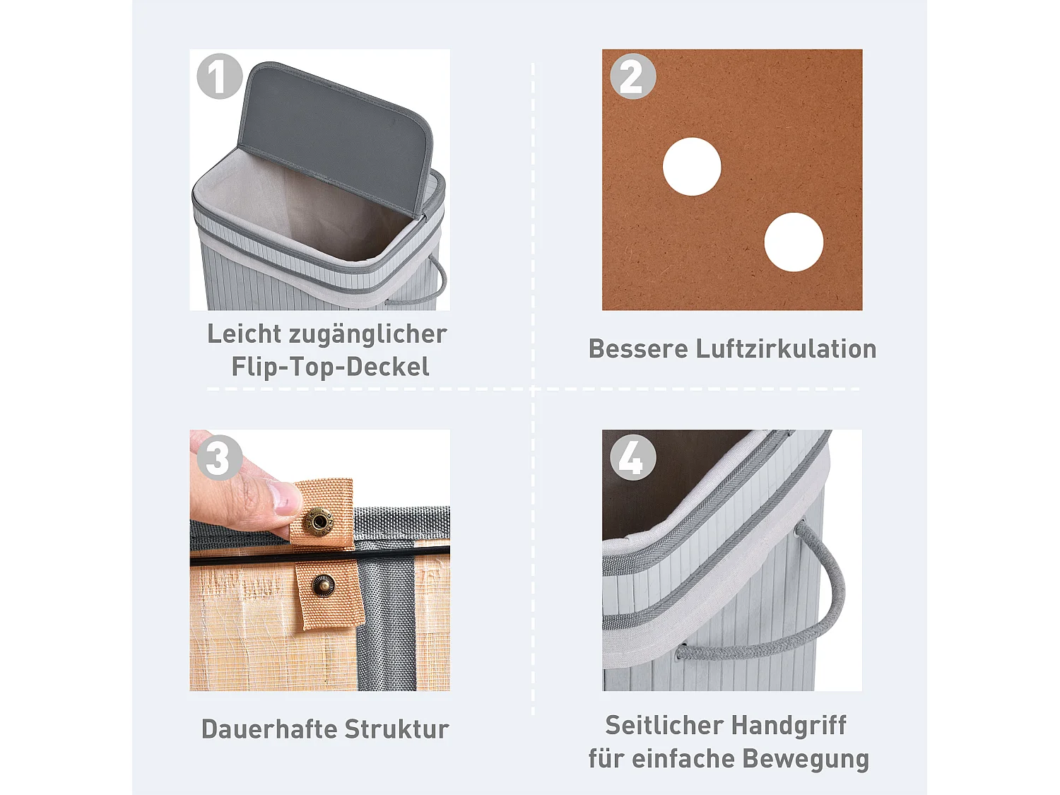 Panier à linge en bambou avec couvercle, 70 L, sac amovible, gris (40x30x60 cm)