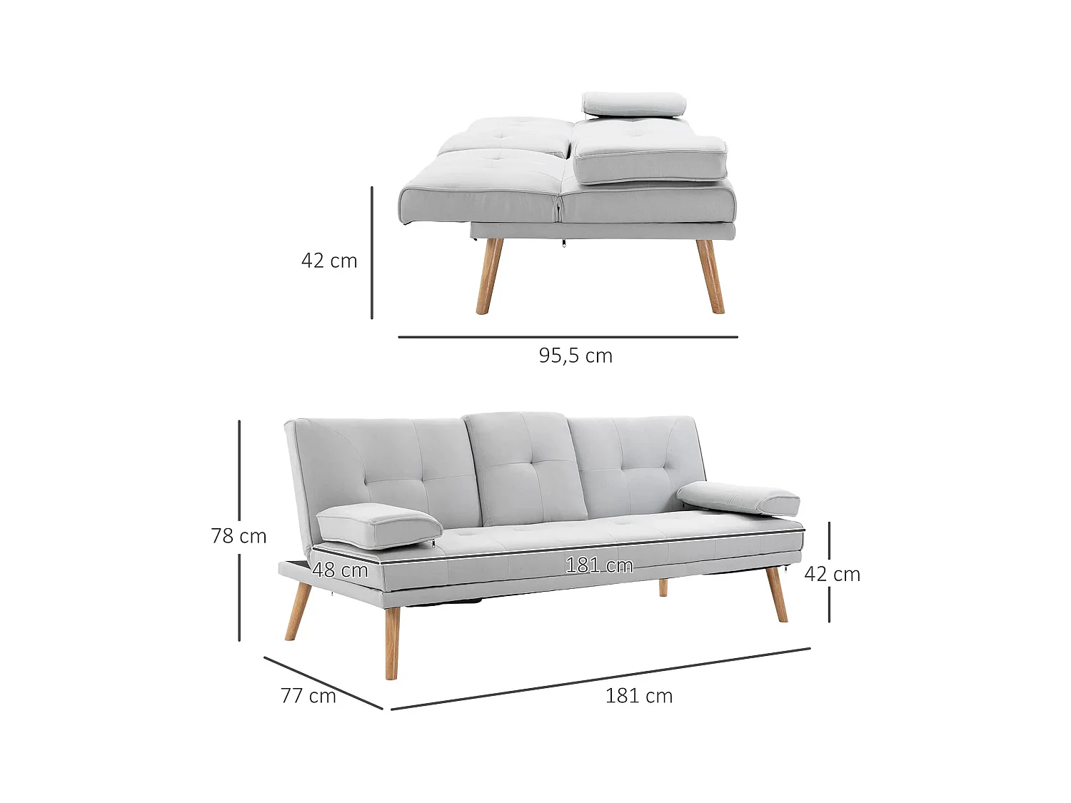 Canapé convertible en lit, 3 places, tissu en lin, gris clair (181x77x72 cm)
