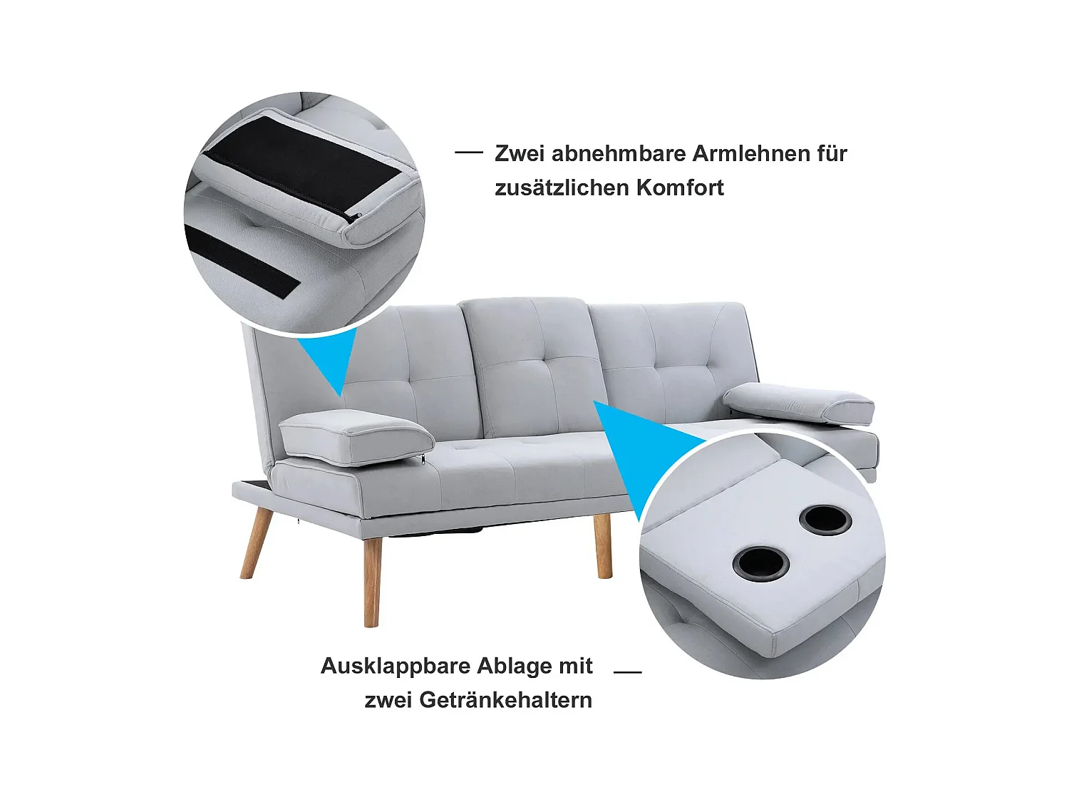 Canapé convertible en lit, 3 places, tissu en lin, gris clair (181x77x72 cm)