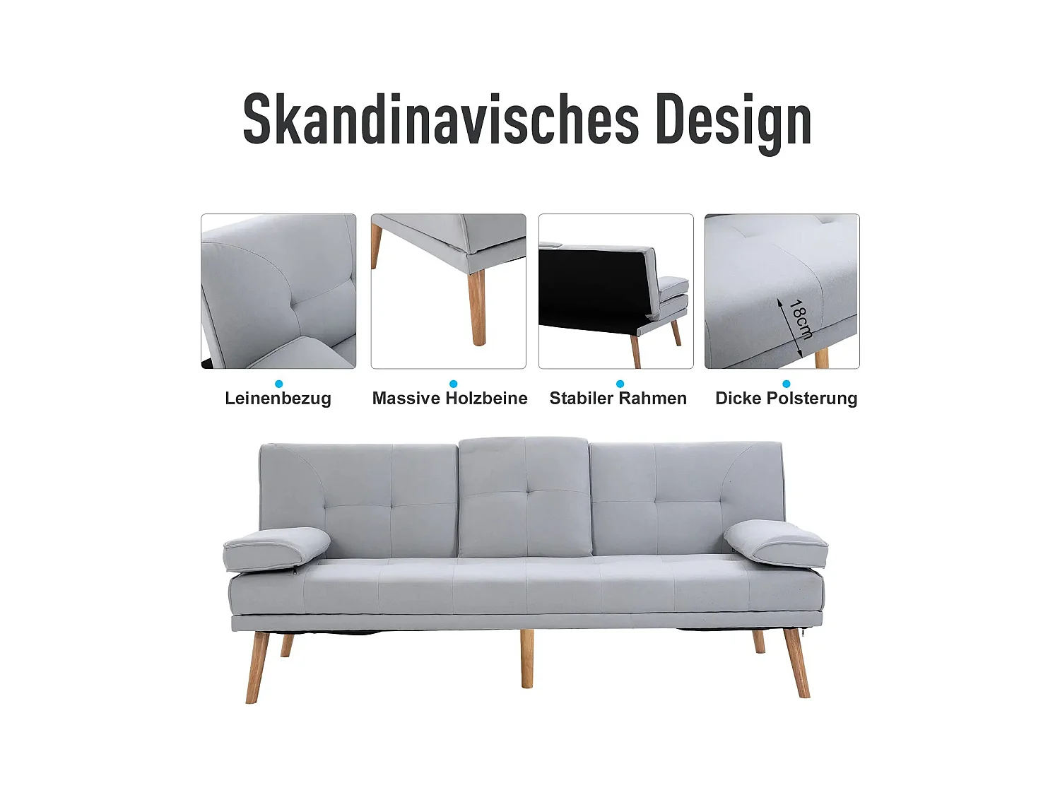 Canapé convertible en lit, 3 places, tissu en lin, gris clair (181x77x72 cm)