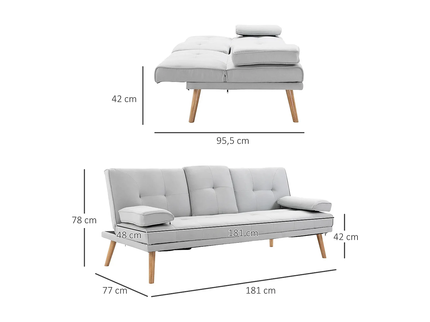 Canapé convertible en lit, 3 places, tissu en lin, gris clair (181x77x72 cm)