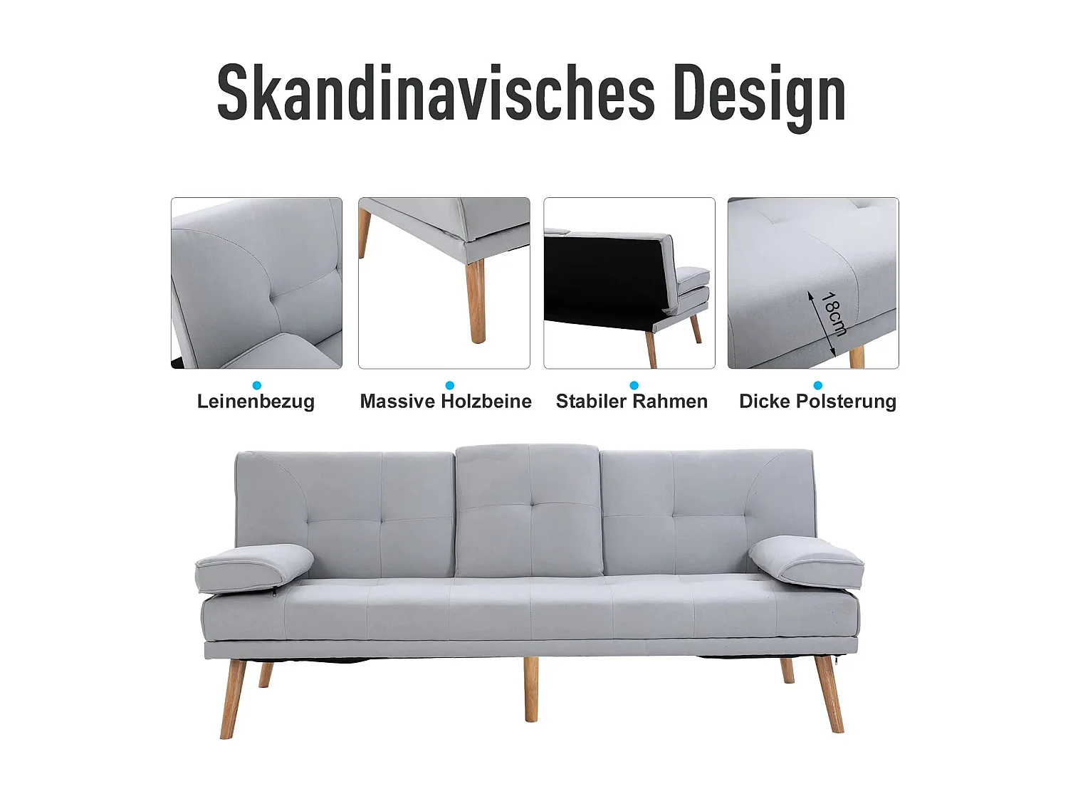 Canapé convertible en lit, 3 places, tissu en lin, gris clair (181x77x72 cm)