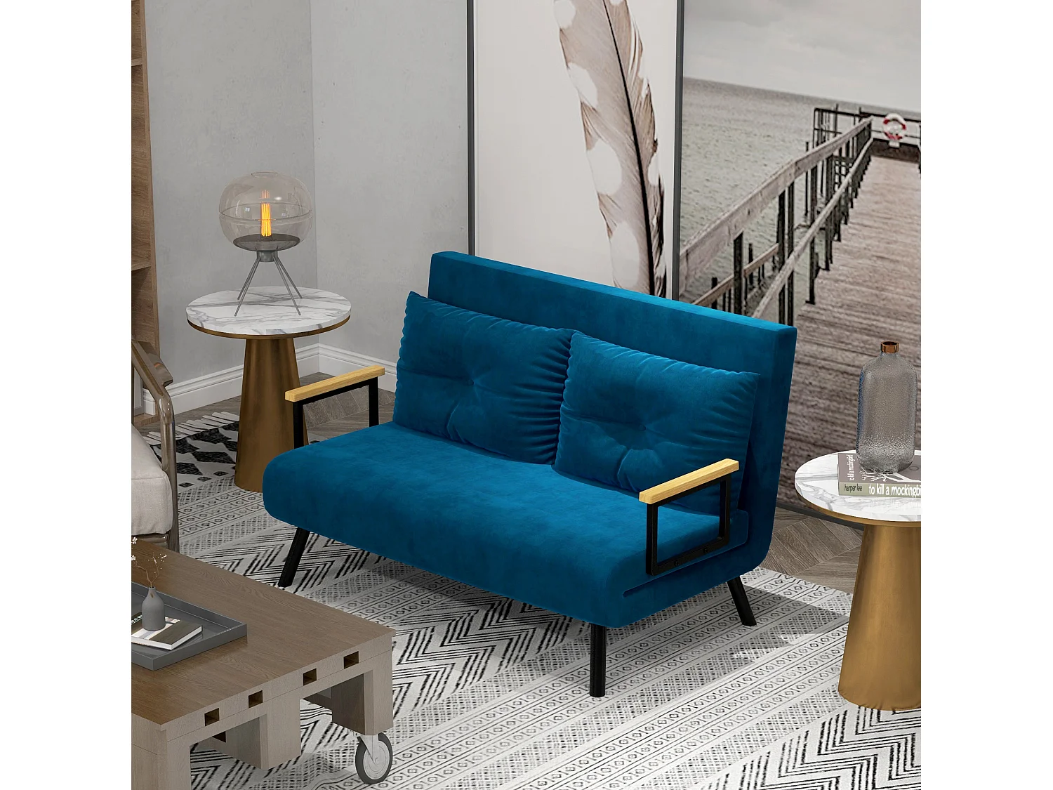 Canapé-lit pliant avec fonction de relaxation, Tissu velours, Structure en acier, Bleu (102x73x81 cm)