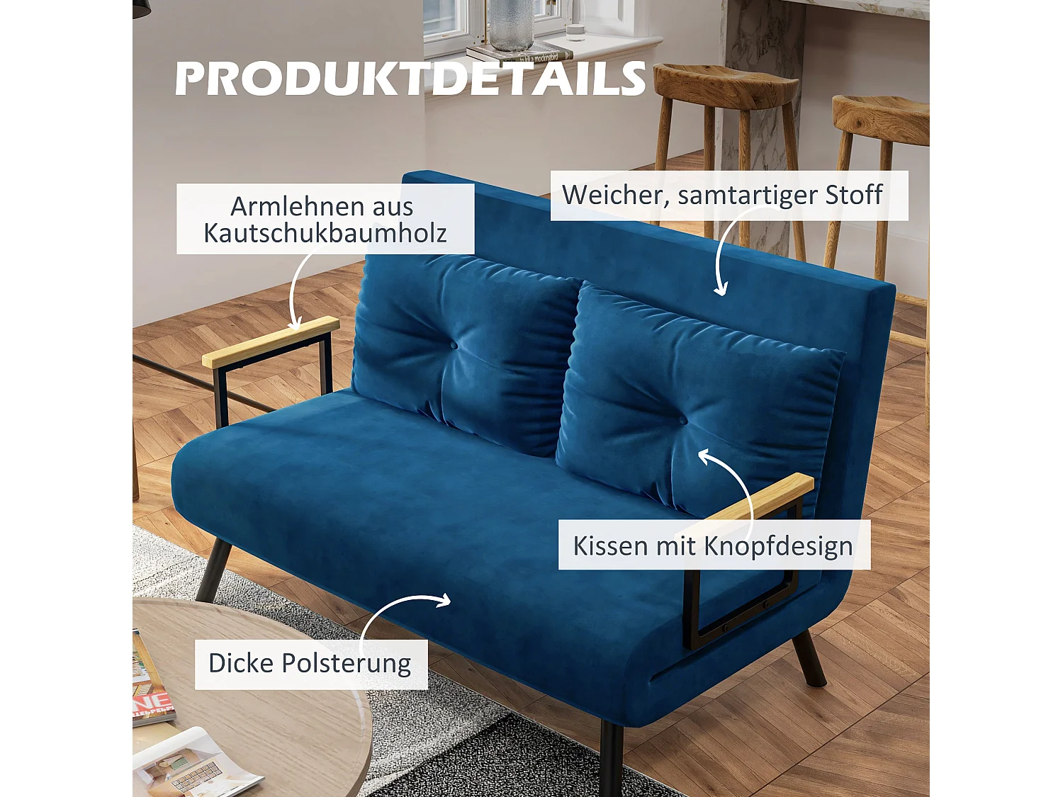 Canapé-lit pliant avec fonction de relaxation, Tissu velours, Structure en acier, Bleu (102x73x81 cm)