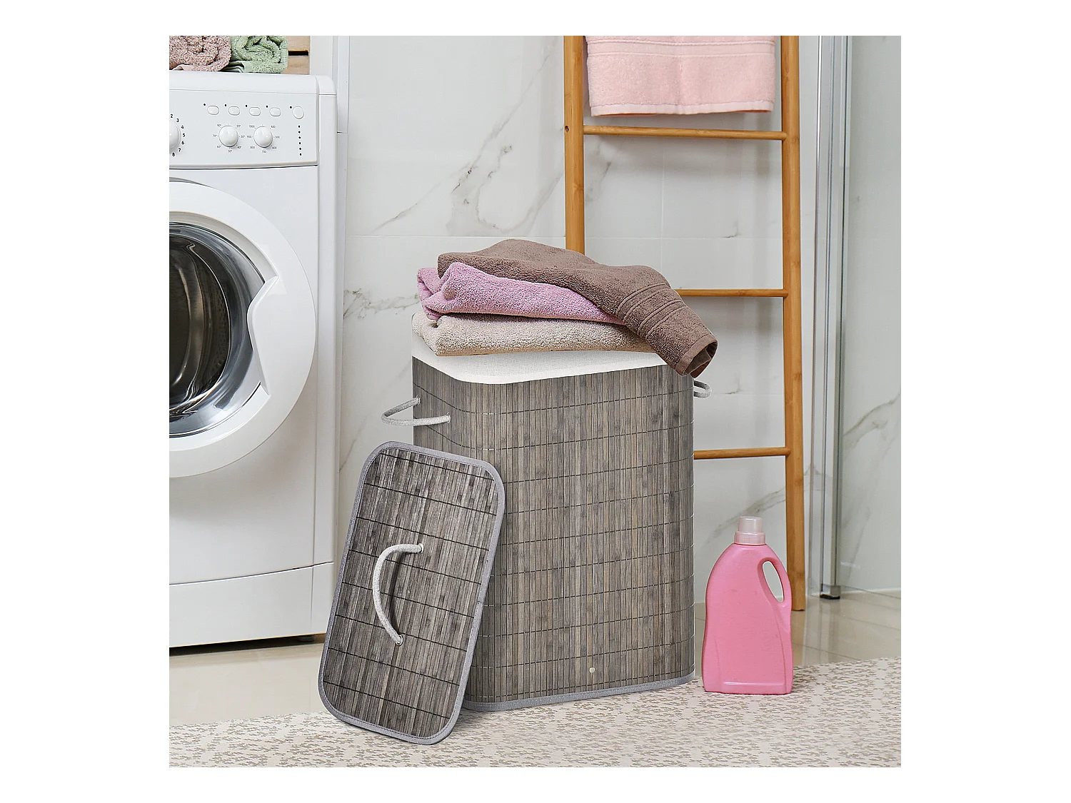 Panier à linge étroit avec couvercle, sacs amovibles, bambou gris naturel (43x32x61cm)