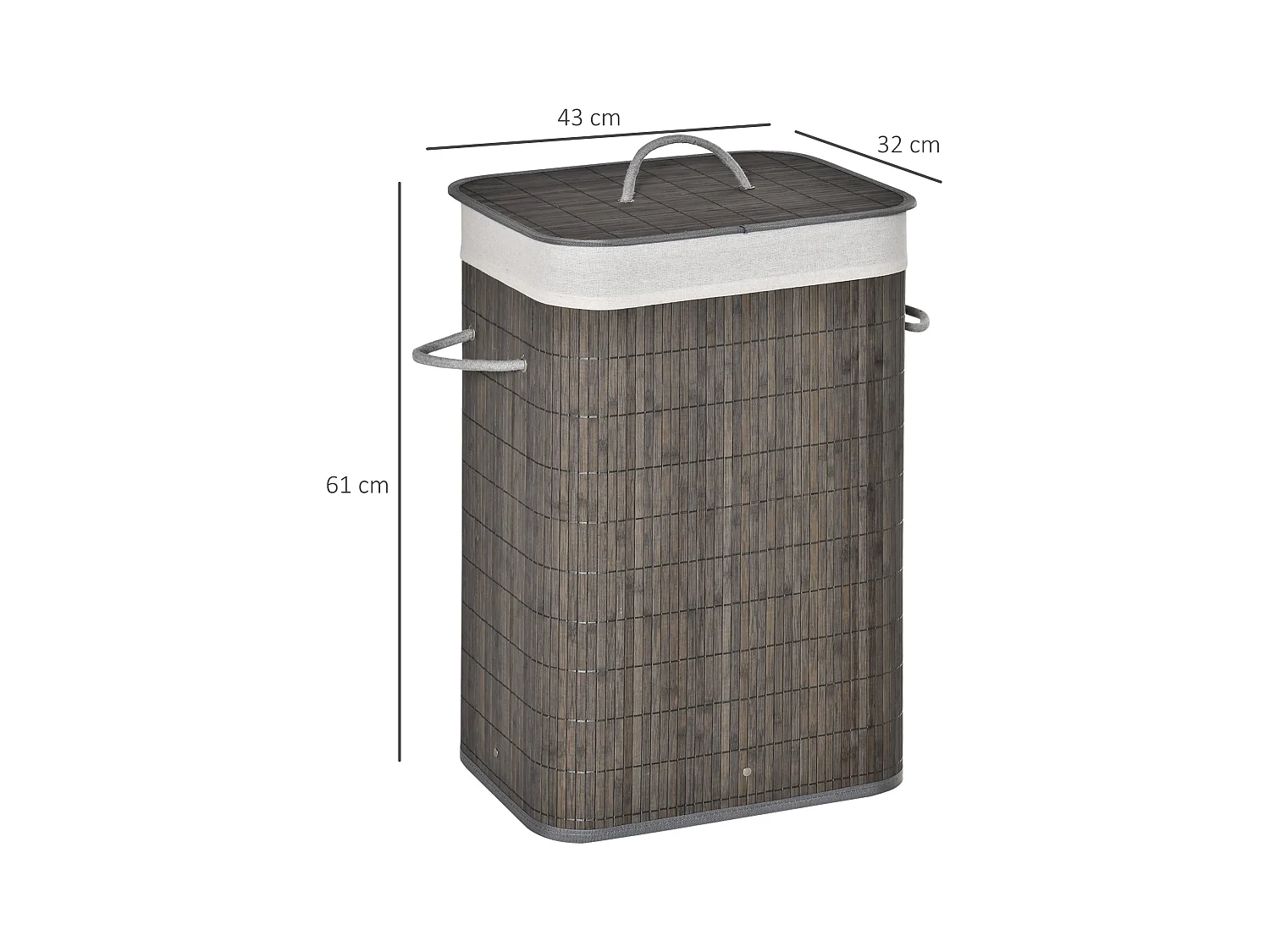 Panier à linge étroit avec couvercle, sacs amovibles, bambou gris naturel (43x32x61cm)