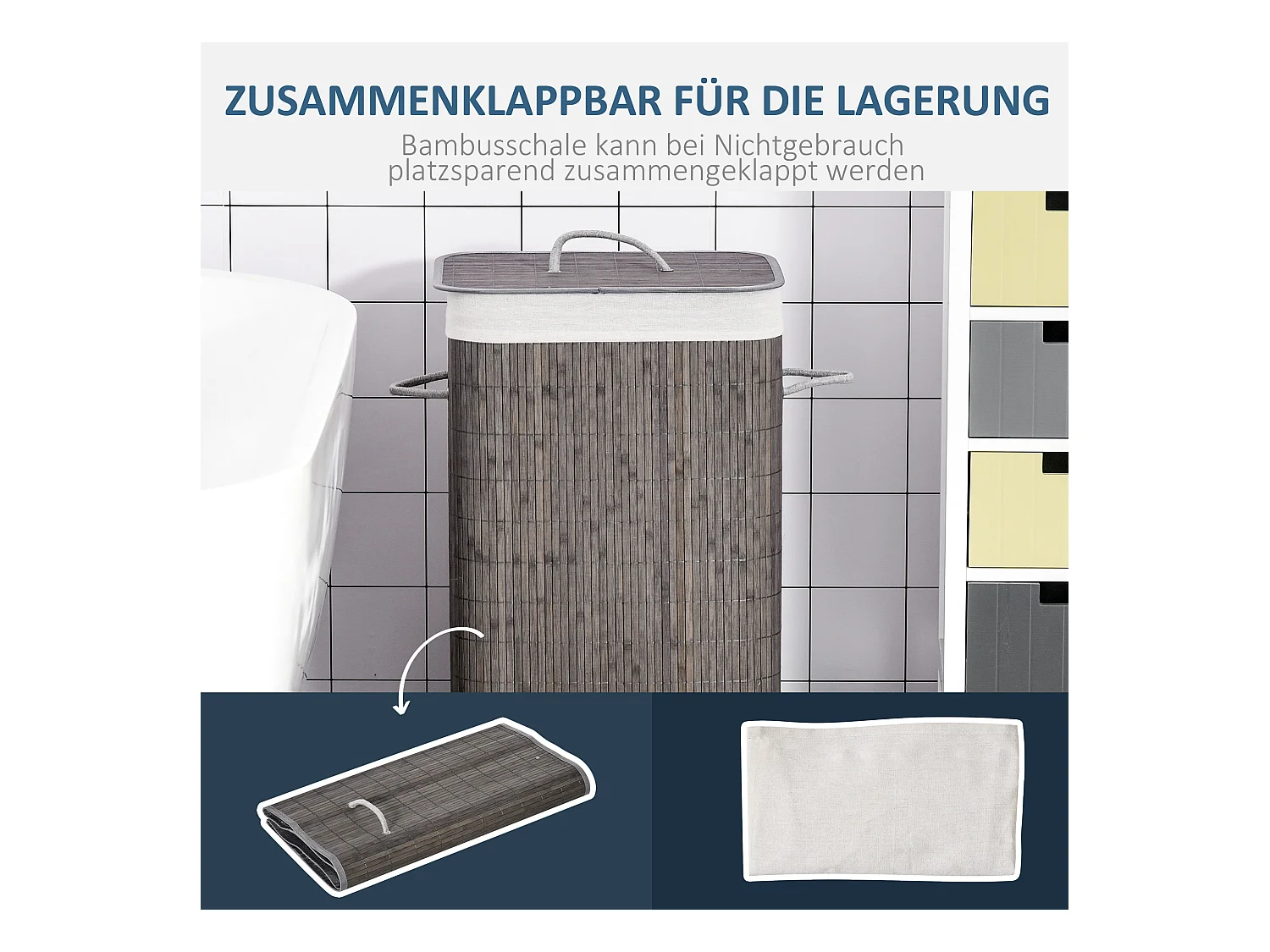 Panier à linge étroit avec couvercle, sacs amovibles, bambou gris naturel (43x32x61cm)