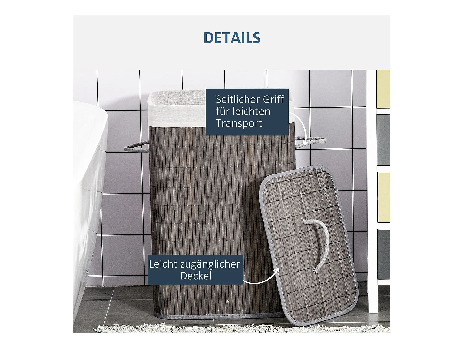 Panier à linge étroit avec couvercle, sacs amovibles, bambou gris naturel (43x32x61cm)
