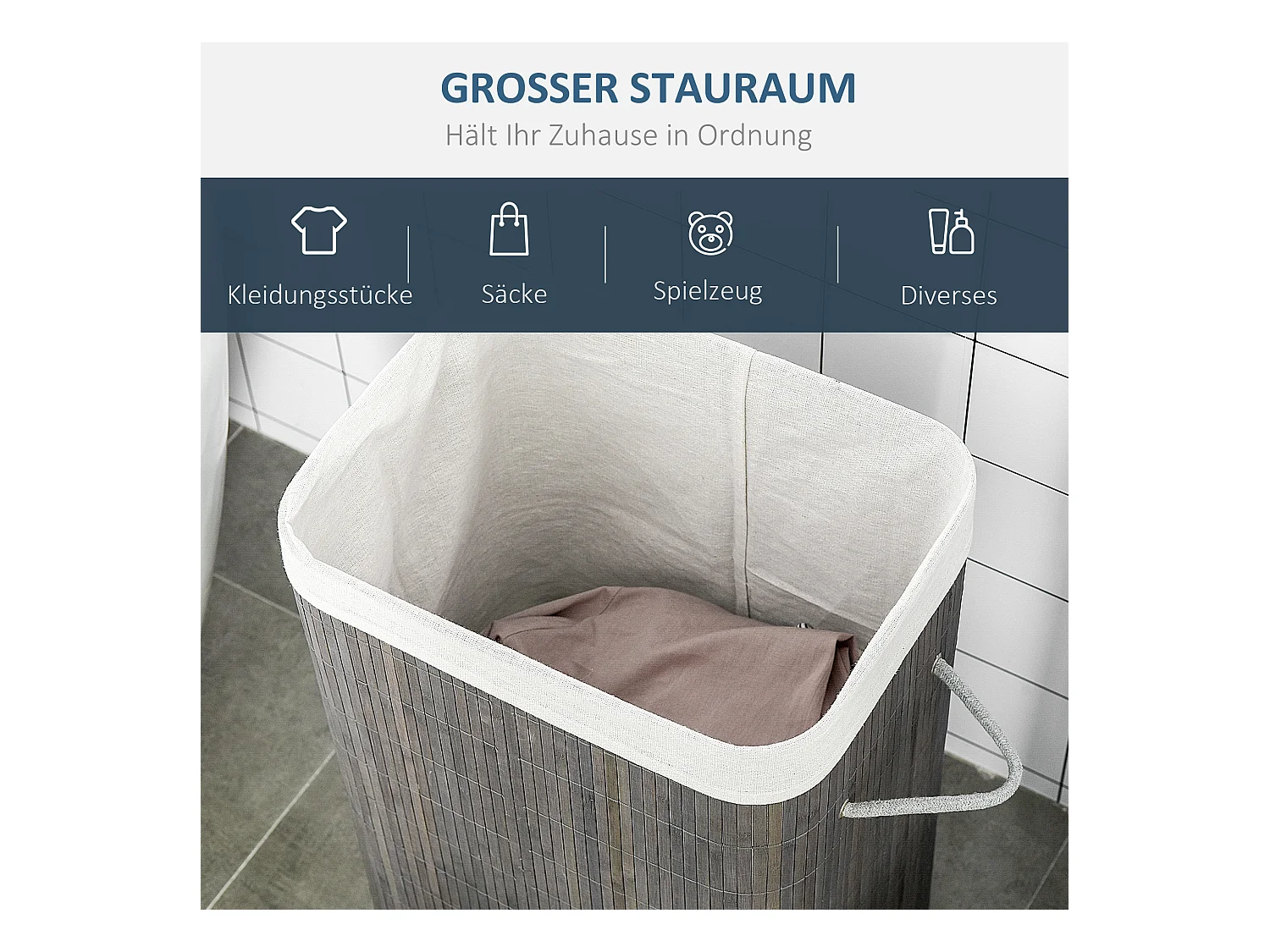 Panier à linge étroit avec couvercle, sacs amovibles, bambou gris naturel (43x32x61cm)