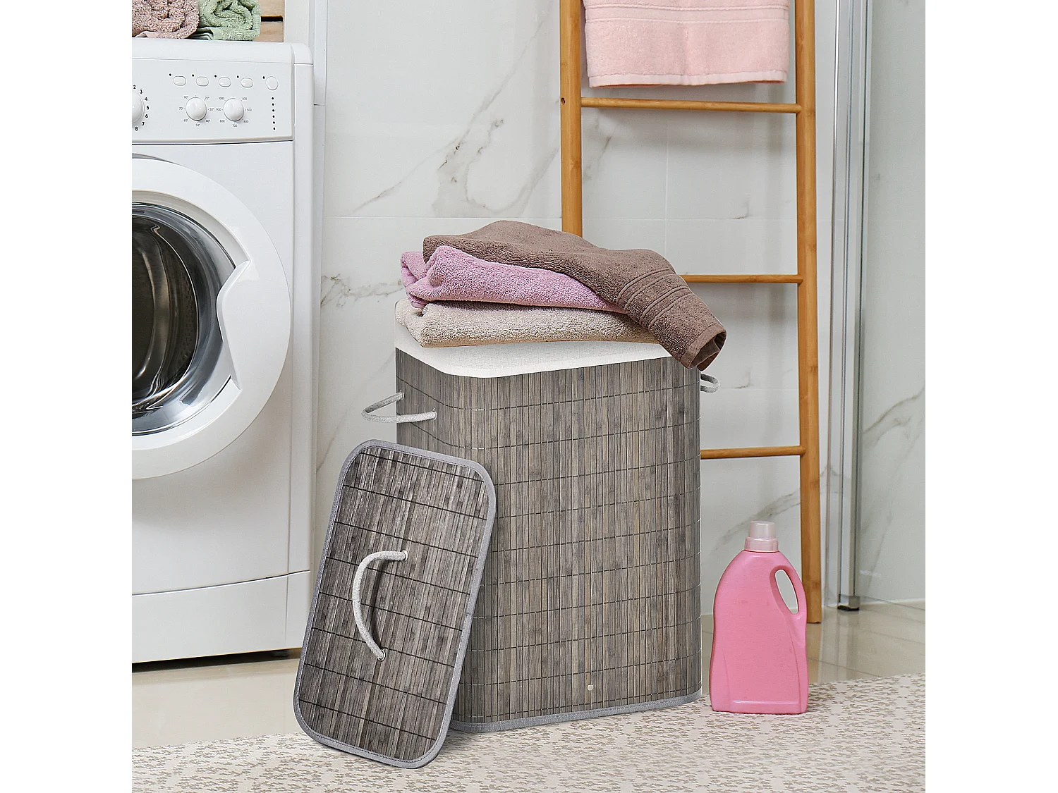 Panier à linge étroit avec couvercle, sacs amovibles, bambou gris naturel (43x32x61cm)
