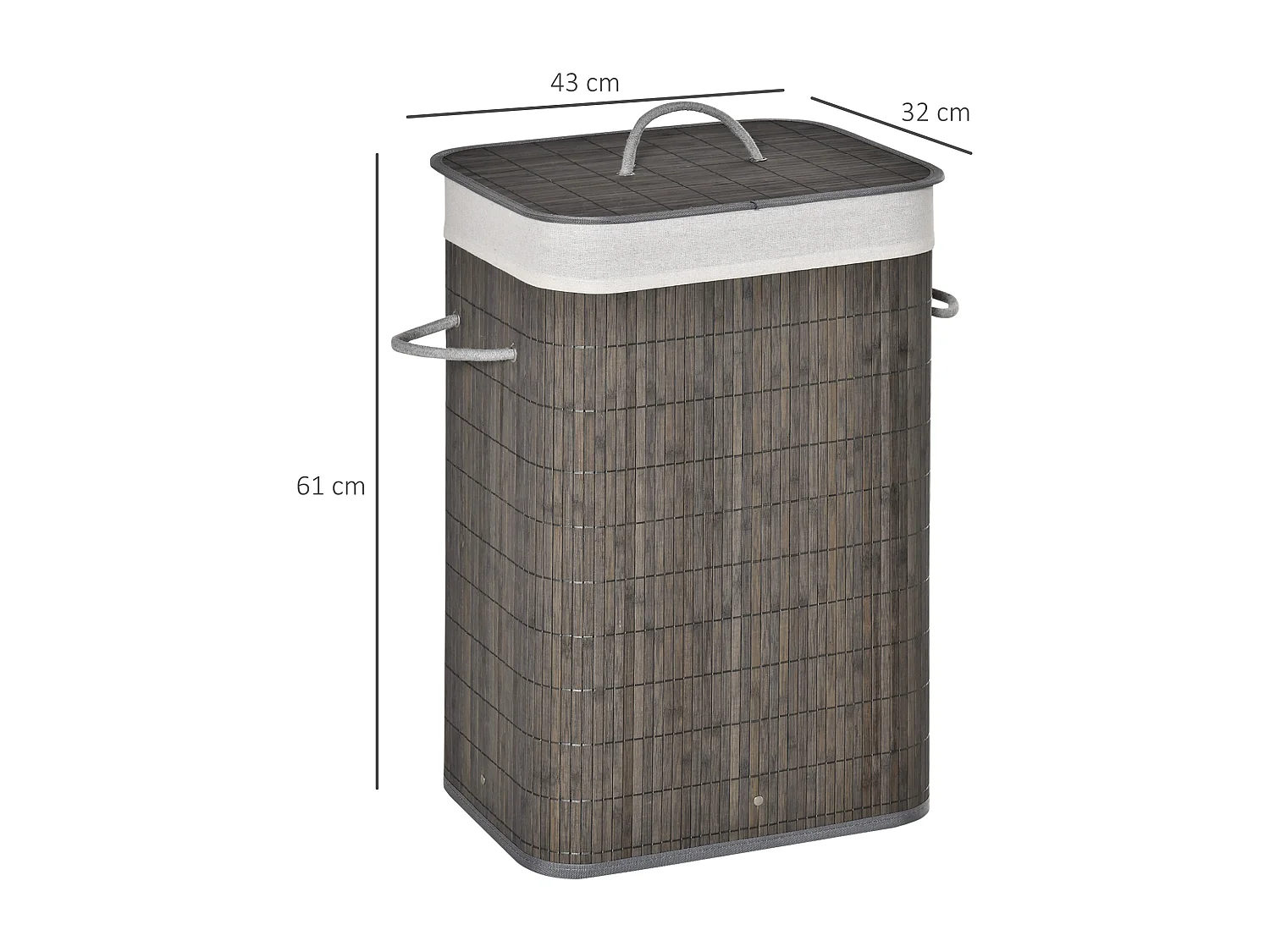 Panier à linge étroit avec couvercle, sacs amovibles, bambou gris naturel (43x32x61cm)